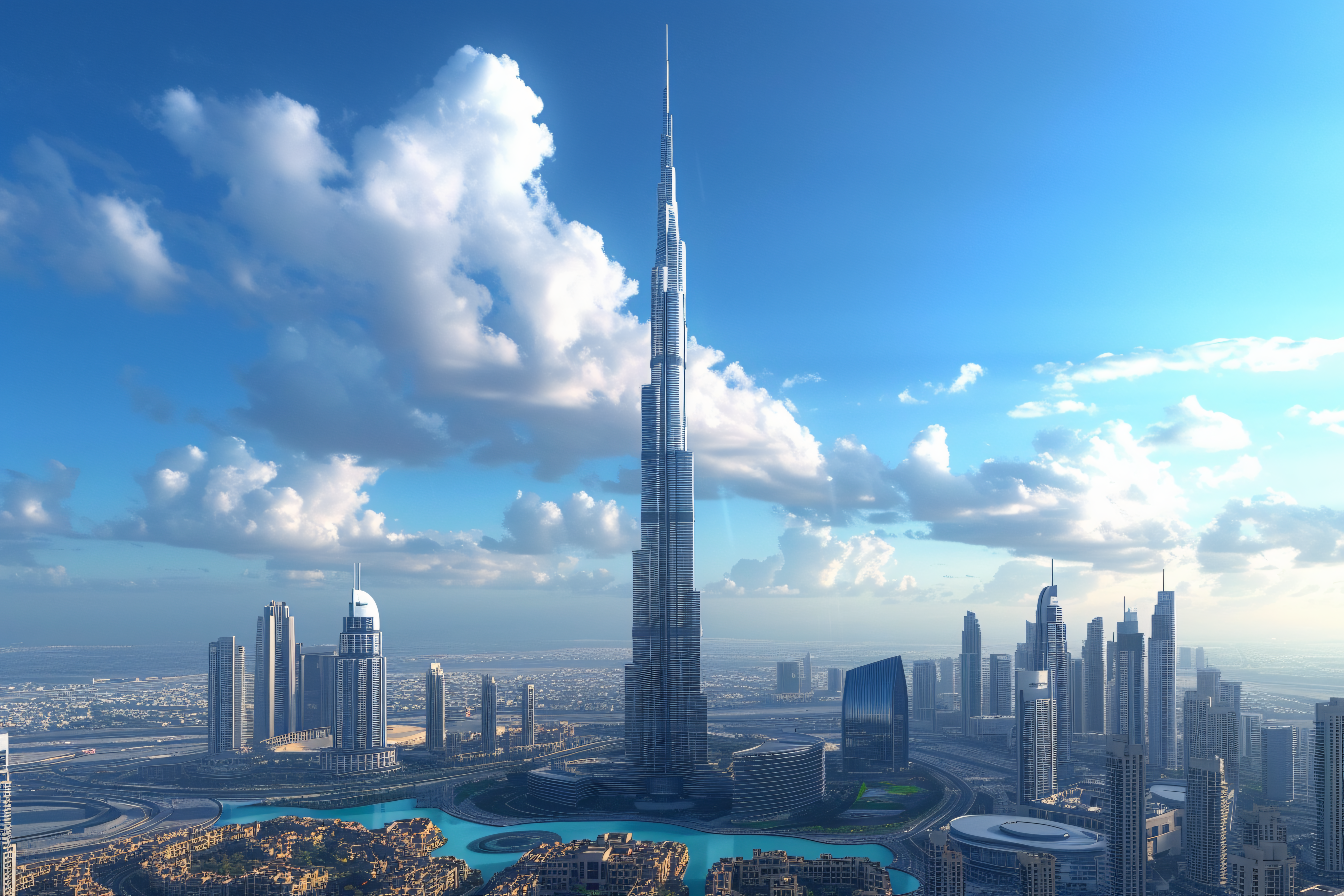 Burj Khalifa and Dubai skyline under blue skies, ideal for tours with a car rental with driver.