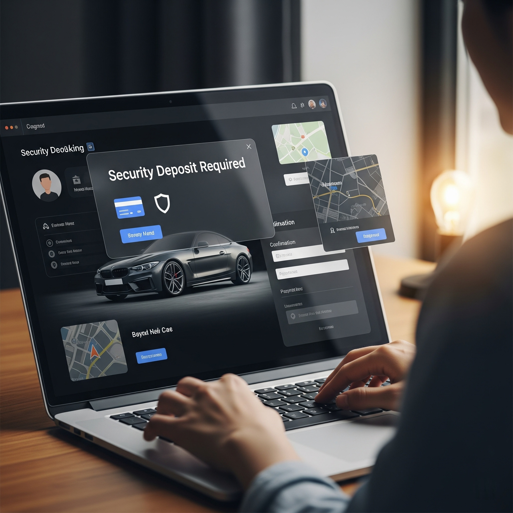 A woman using a laptop displaying a security app, exploring reasons for car rental security deposits.