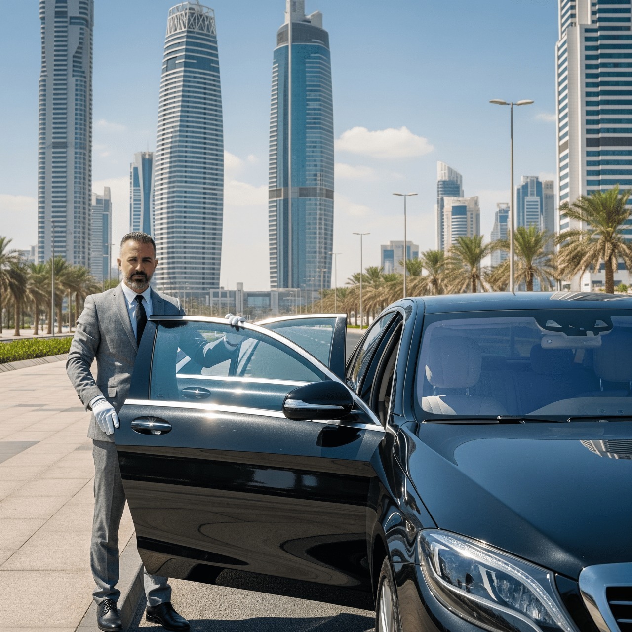 Chauffeur opens a black luxury car door in Sharjah, with modern skyscrapers and clear skies in the background.