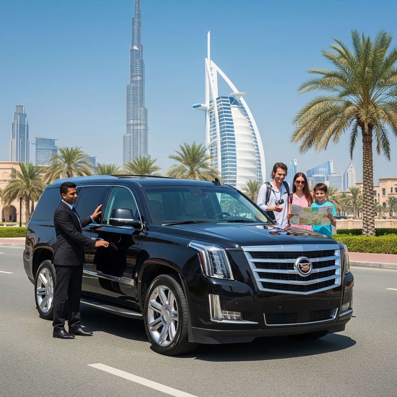 Luxurious Cadillac Escalade limo parked in Dubai, showcasing premium car rental with driver for an ultimate tourist experience.