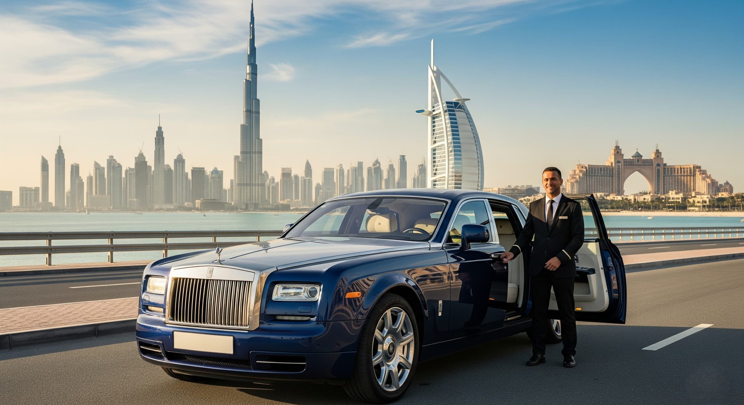 A chauffeur stands by a luxury car in Dubai, with the Burj Khalifa and Burj Al Arab in the background, embodying luxury