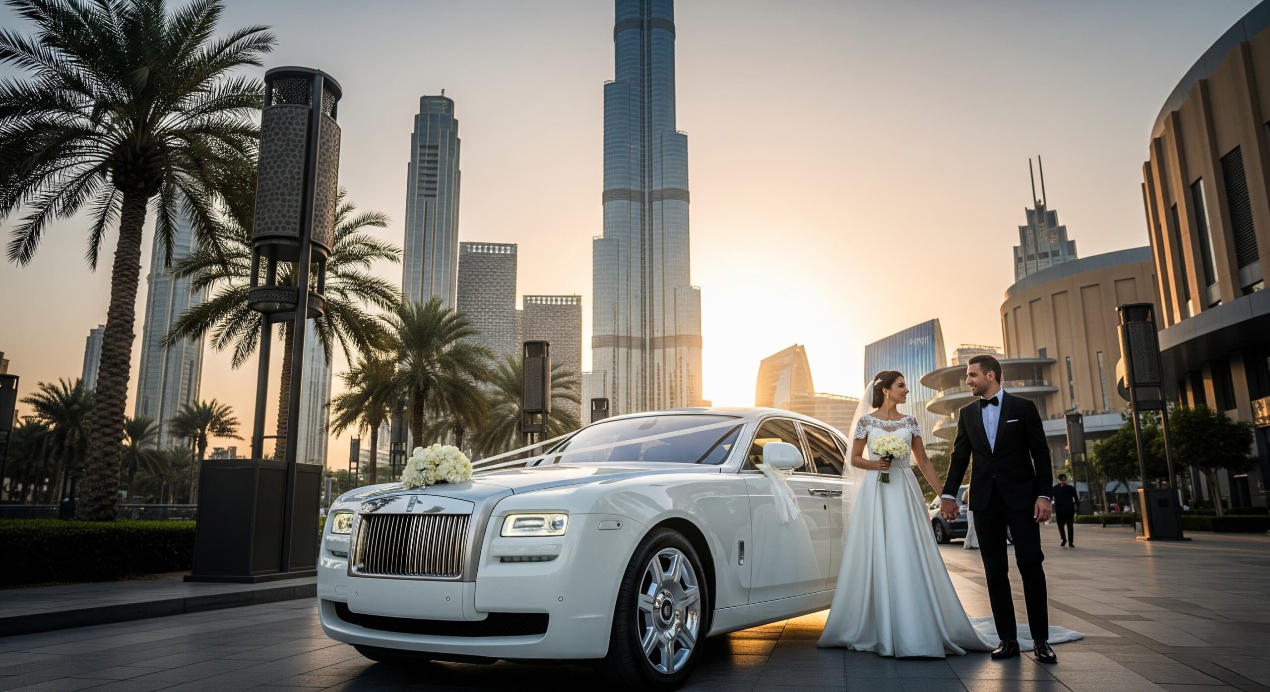 A newlywed couple poses with a white luxury car in front of the Burj Khalifa at sunset.