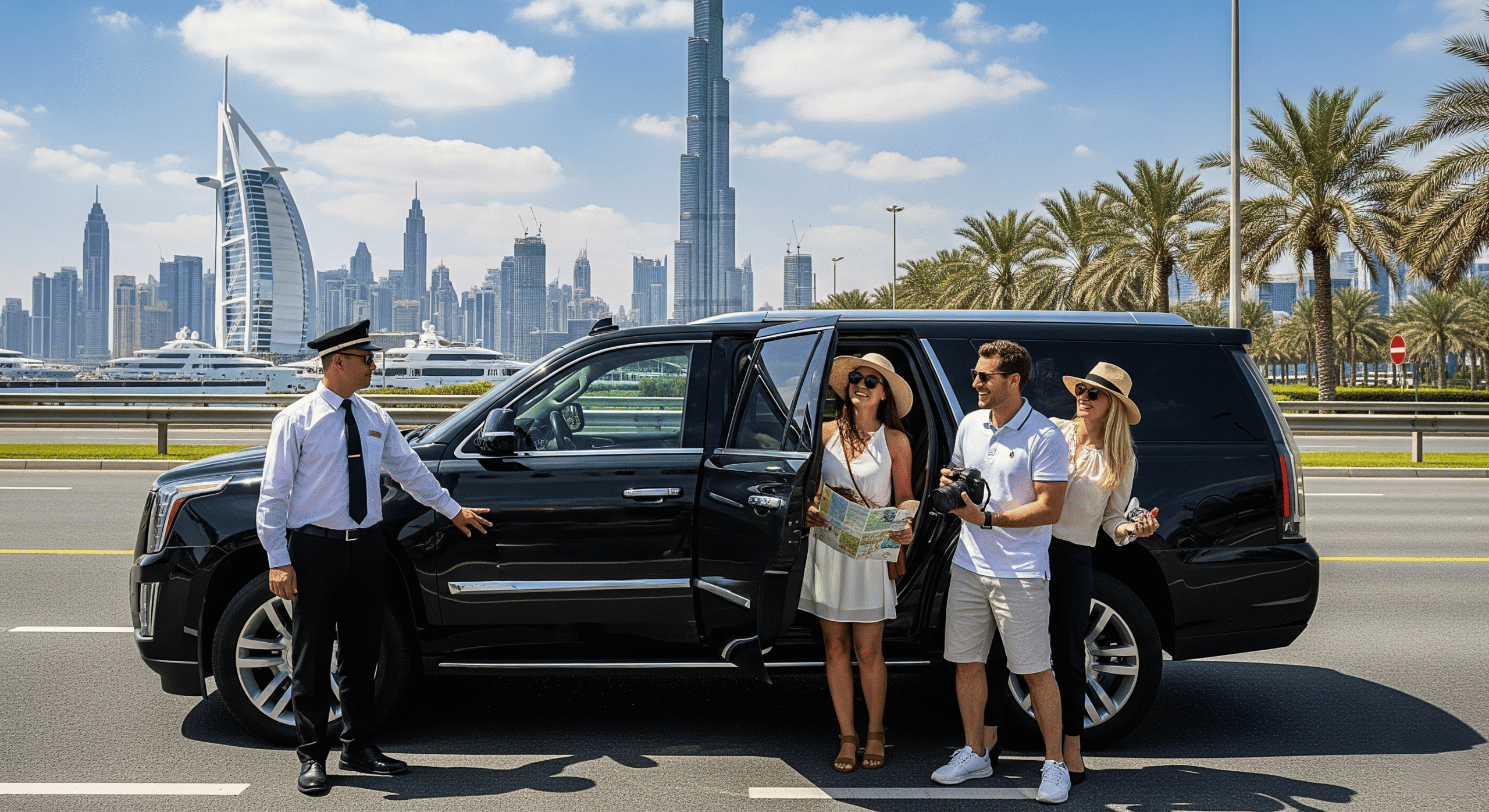 a boy & girl enjoy sightseeing tour with car and driver in dubai