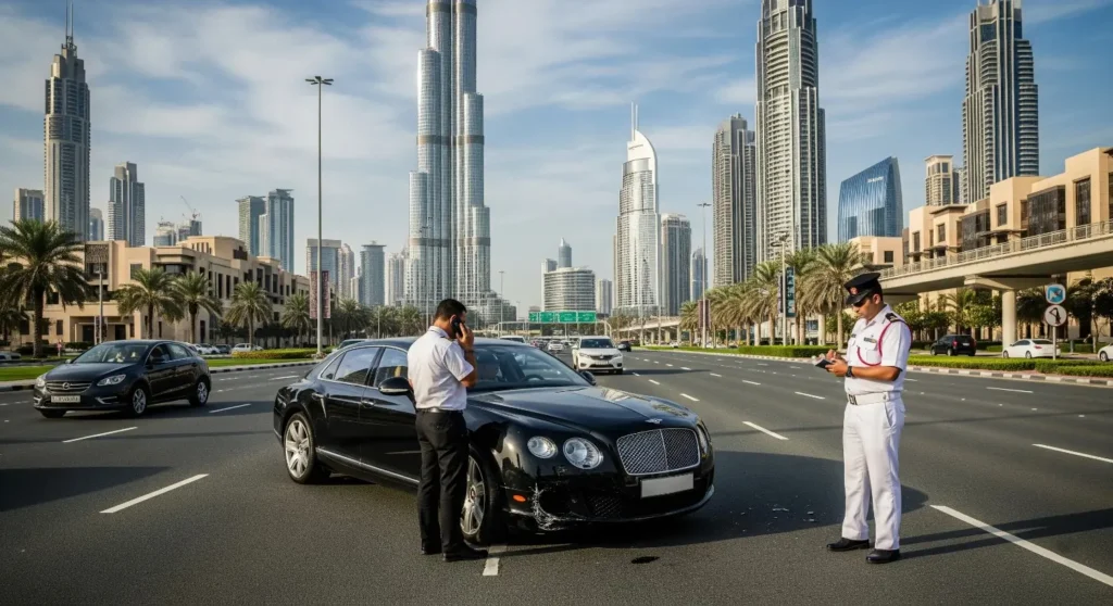 Damaged luxury car crash on Dubai road, police documenting accident near Burj Khalifa.