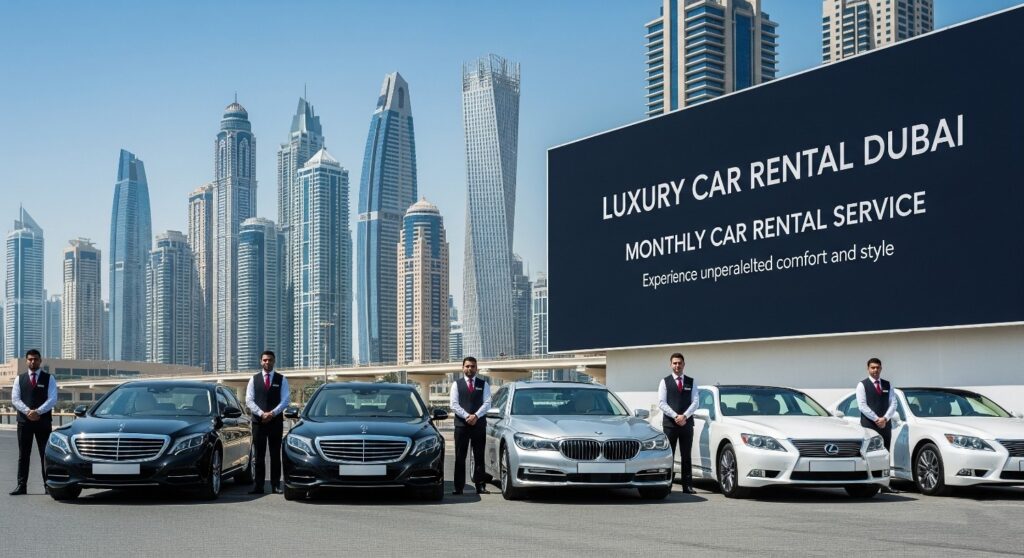 Luxury car rental Dubai with chauffeurs beside Mercedes, BMW, and Lexus cars, set against Dubai Marina skyline and service billboard.