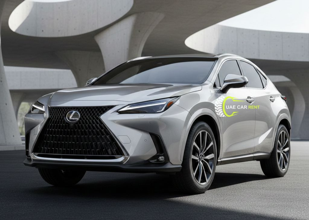 A sleek silver Lexus NX luxury SUV parked under futuristic concrete architecture in Dubai, featuring a bold black spindle grille and dark alloy wheels.