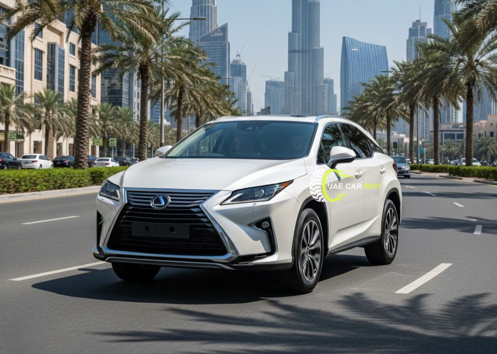 Lexus RX 350 with driver in Dubai, captured in daytime on a sunlit city road with modern skyline and palm-lined streets in the background.