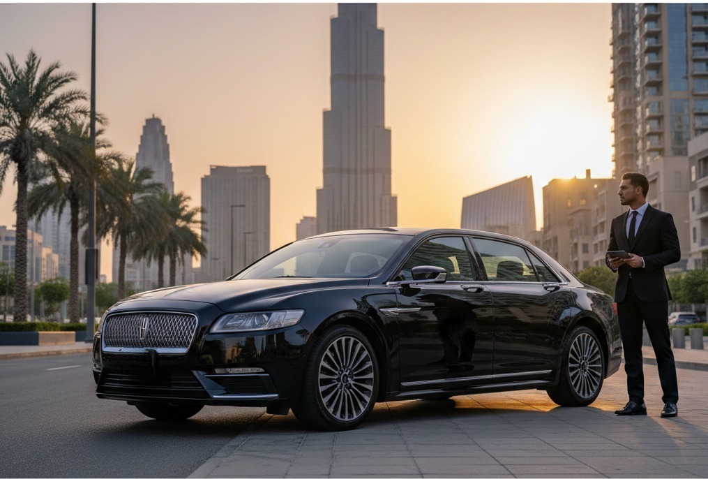 Luxury rent Lincoln car with driver in Dubai parked near Burj Khalifa at sunset, premium black Lincoln Continental with professional chauffeur