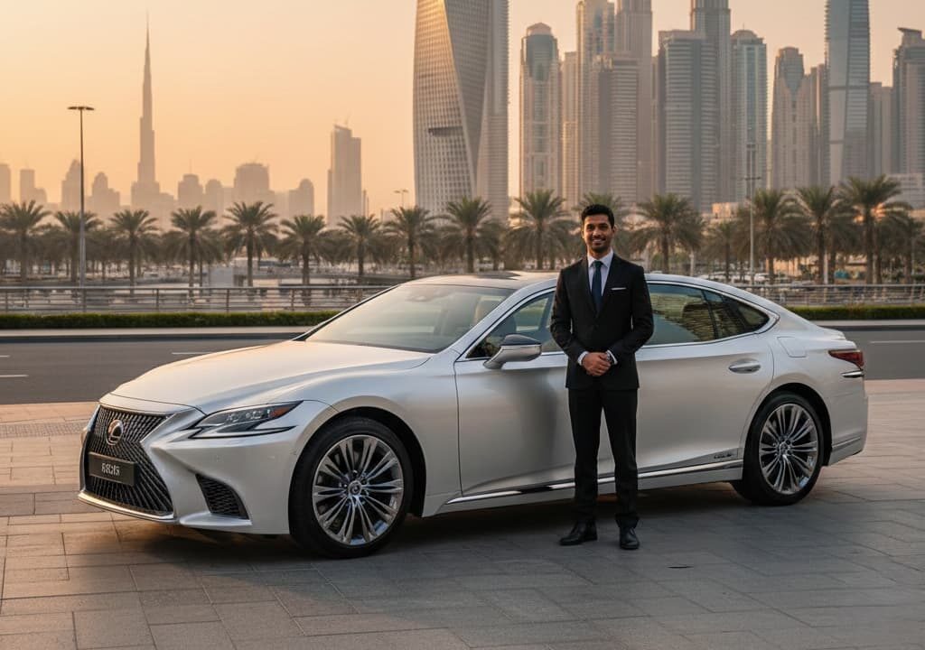 Silver Lexus sedan with driver standing beside it on a Dubai street with palm trees and a modern skyline.