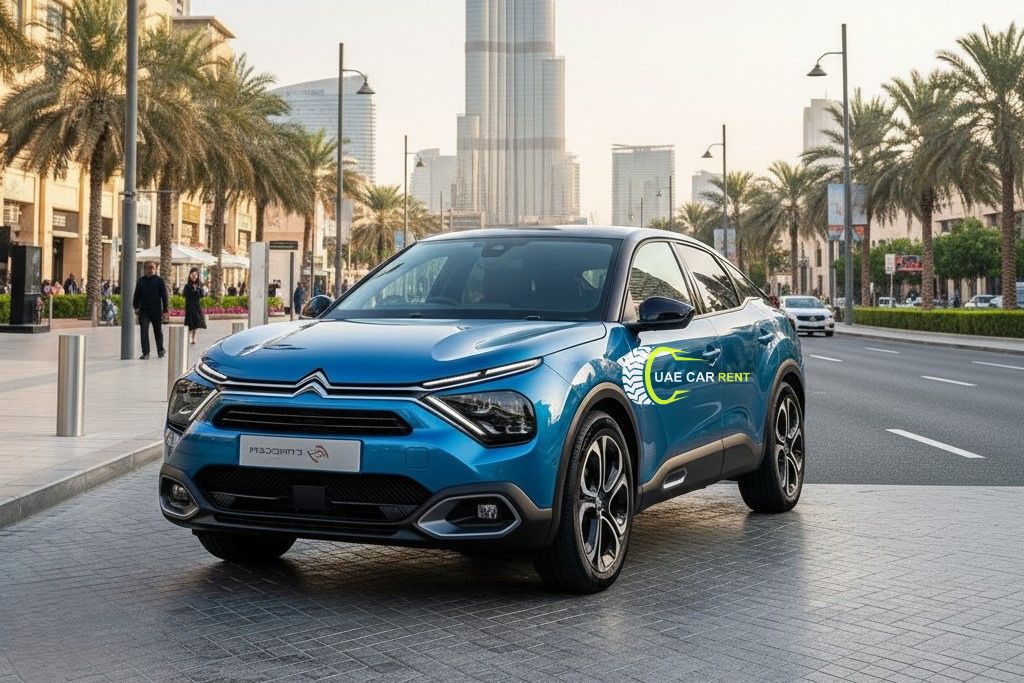 A high-resolution photo of a metallic blue 2024 Citroën C4 parked on a cobblestone street in Dubai, featuring the Burj Khalifa towering in the background under soft, cinematic daylight.