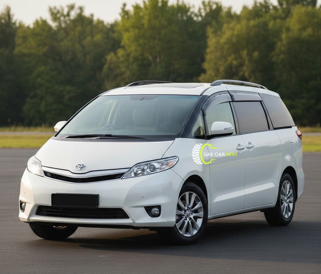 White Toyota minivan parked on an open paved area, shown from a front three-quarter angle with trees in the background.