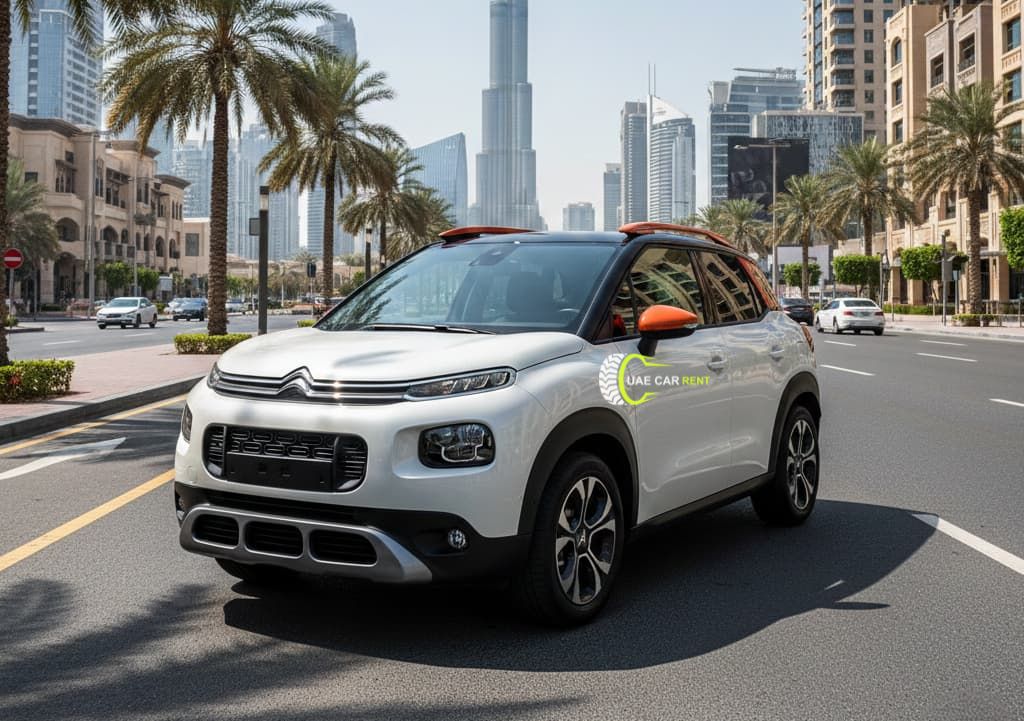 White Citroën C3 Aircross with orange accents parked on a Dubai street, Burj Khalifa and skyscrapers behind, blue sky.