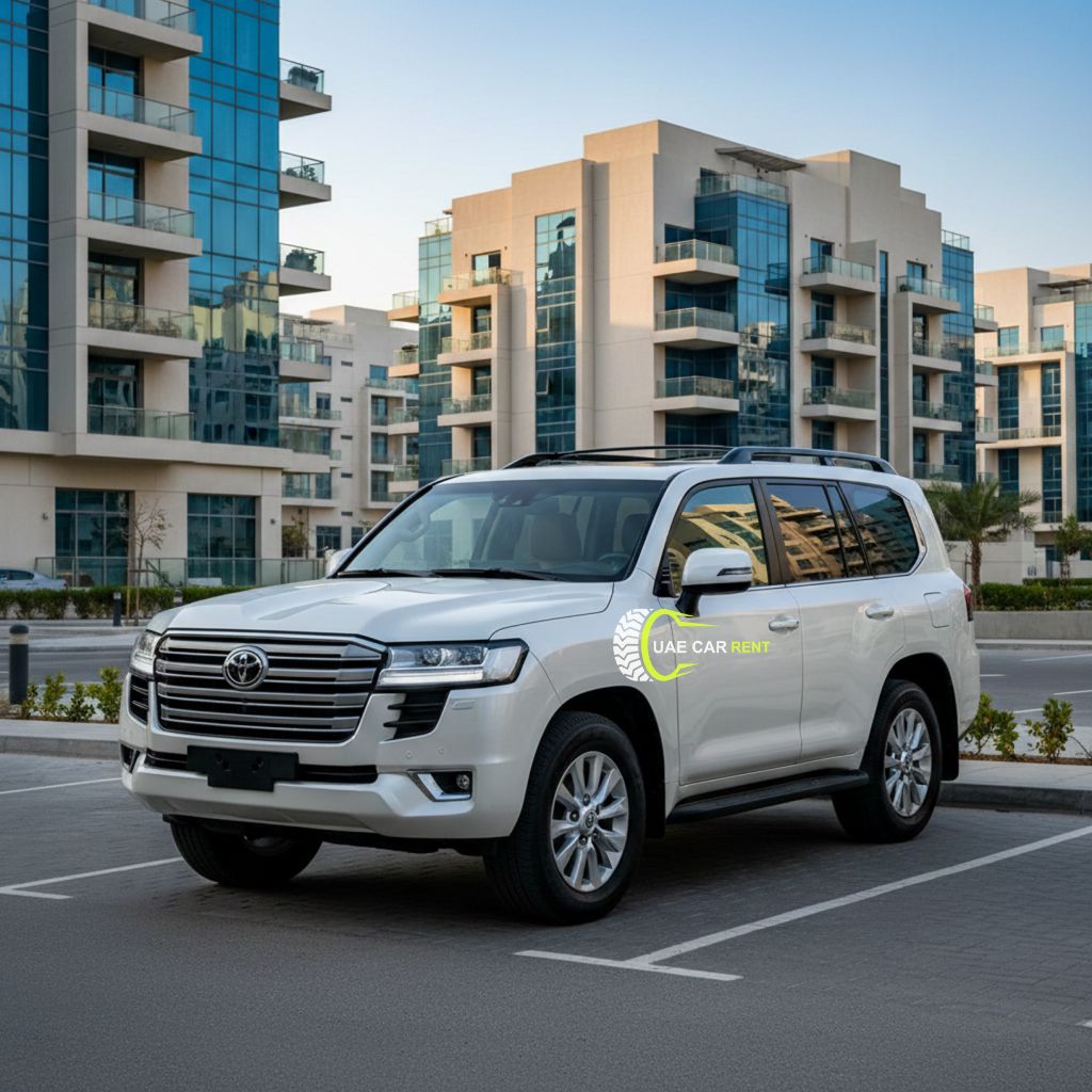 A high-resolution, front-left three-quarter view of a white 2023 Toyota Land Cruiser 300 Series parked in a paved lot with modern glass-balcony apartment buildings in the background under late-afternoon sunlight.