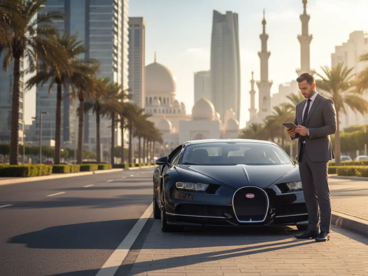 Businessman reviewing booking beside luxury car in Abu Dhabi, representing rent a car with driver in Abu Dhabi service.