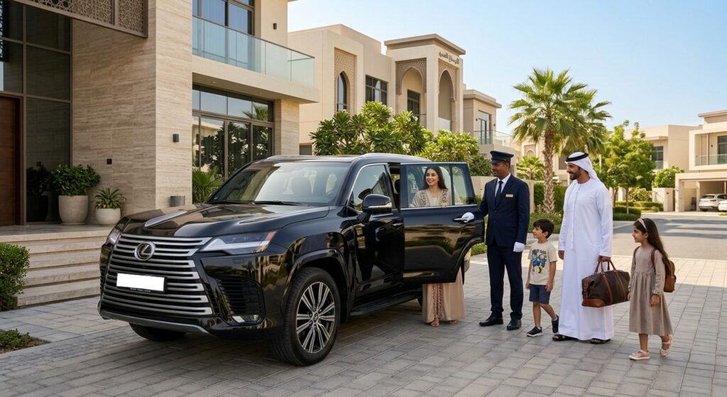 Rent a car with driver in Dubai for monthly basis – luxury SUV chauffeur service for family travel in Dubai residential community