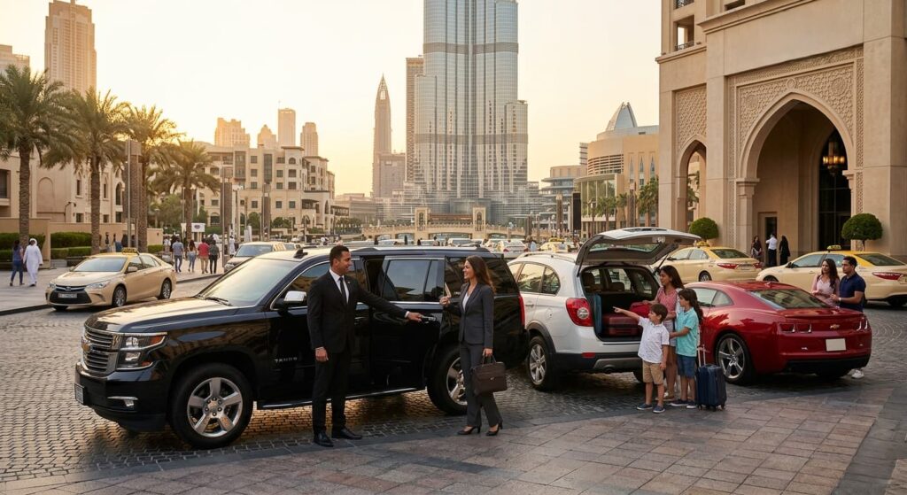 The vehicles feature realistic reflections, and the streets are lined with palms and upscale urban traffic, reflecting an authentic Dubai lifestyle.
