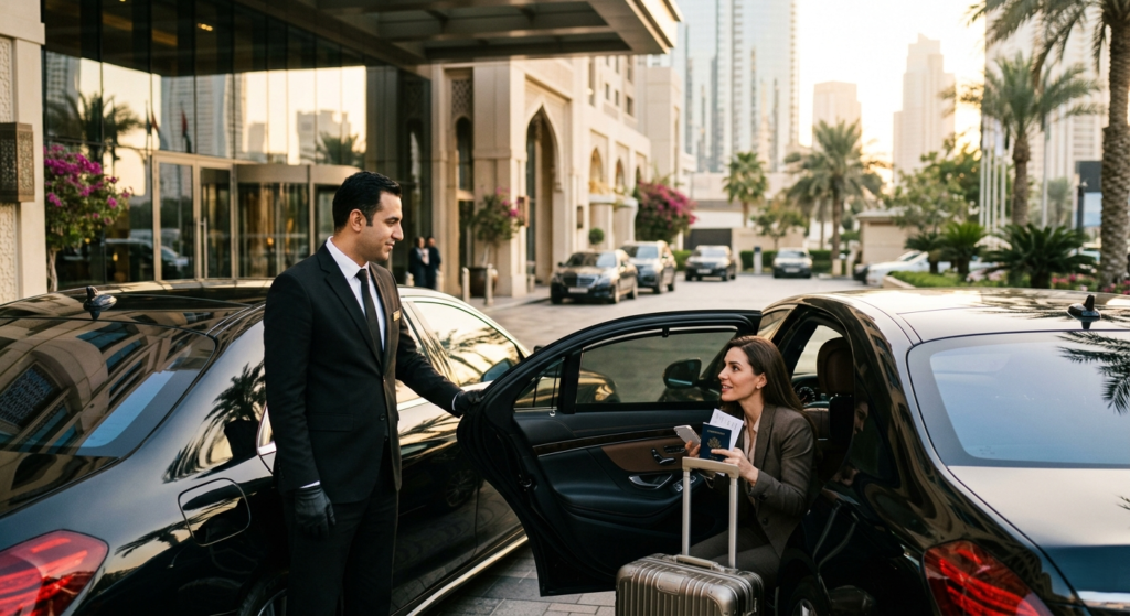 Professional chauffeur assisting a business traveler with luggage outside a luxury hotel in Dubai, showcasing premium details need rent a car with driver in Dubai service with executive black sedan and modern city skyline background.