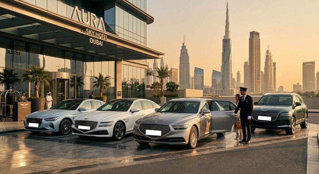 Genesis fleet and chauffeur at a Dubai hotel during golden hour, featuring the Burj Khalifa skyline.