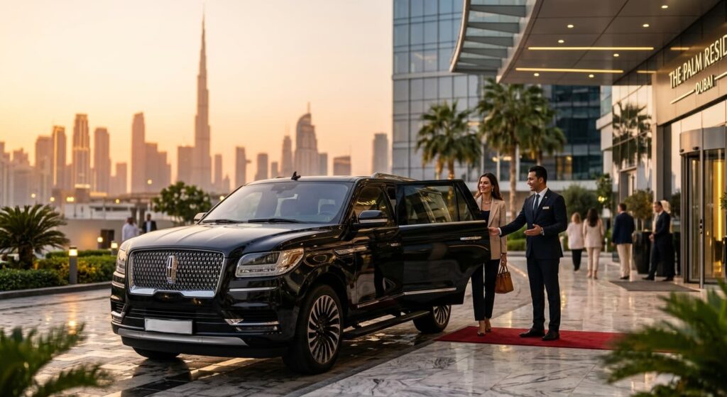 An ultra-realistic, high-end commercial photograph of a black Lincoln Navigator parked on a polished marble driveway at a five-star hotel in Dubai during golden hour. A professional chauffeur in a dark suit is shown opening the rear passenger door for a well-dressed traveler. In the soft-focus background, the Dubai skyline and the Burj Khalifa are visible under a warm, glowing sunset. The scene features cinematic lighting, realistic reflections on the car’s metallic paint, and lush palm trees, capturing a premium luxury travel aesthetic.