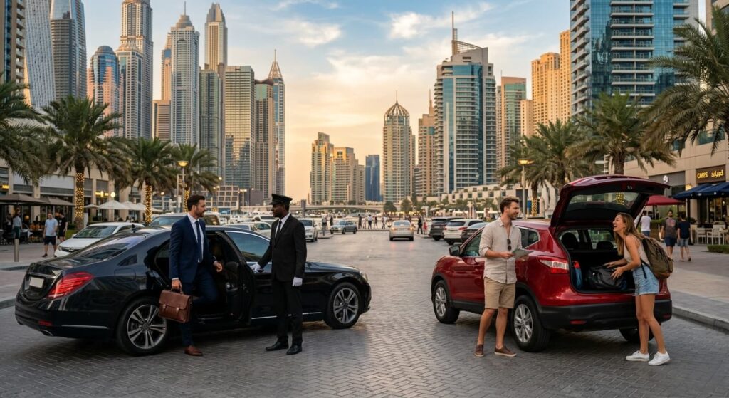 Photorealistic Dubai Marina golden hour scene with chauffeur luxury sedan and tourists loading a red self-drive SUV.